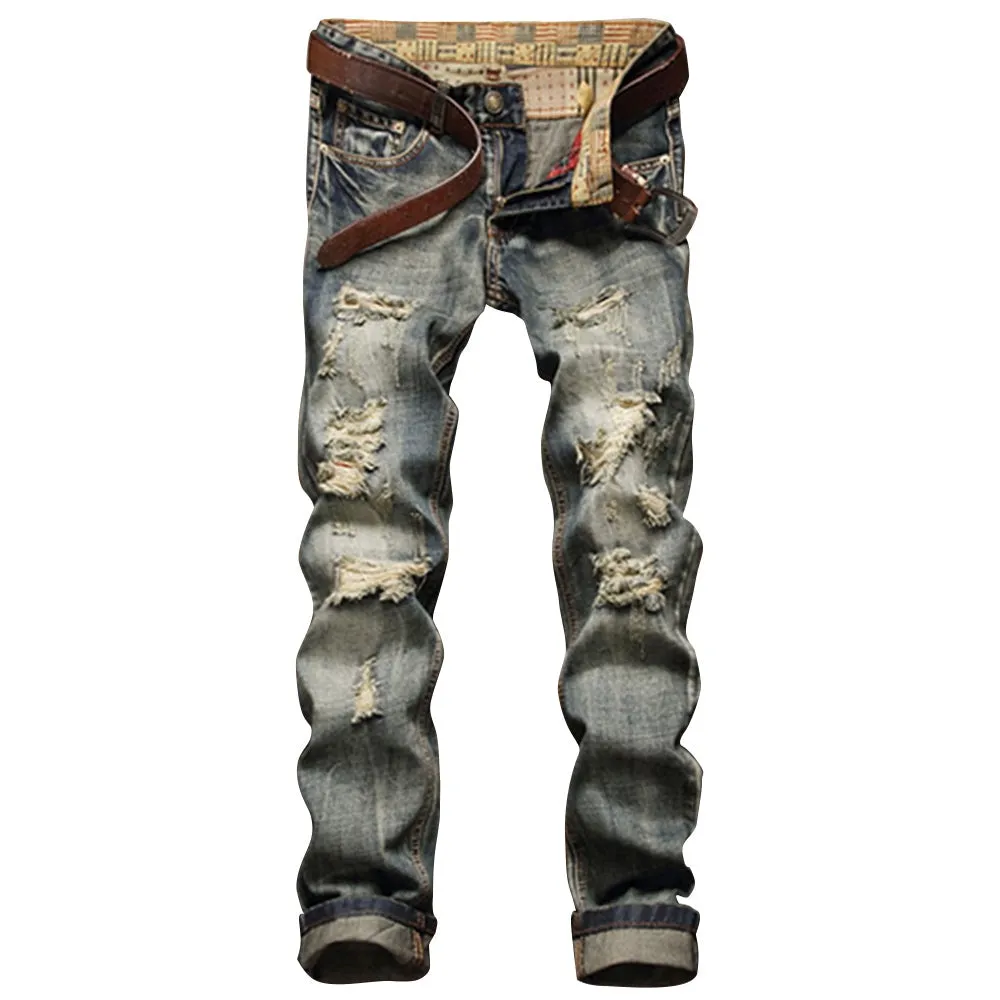 Men's Frayed Zipper Fly Five-pocket Straight Leg Ripped Jeans