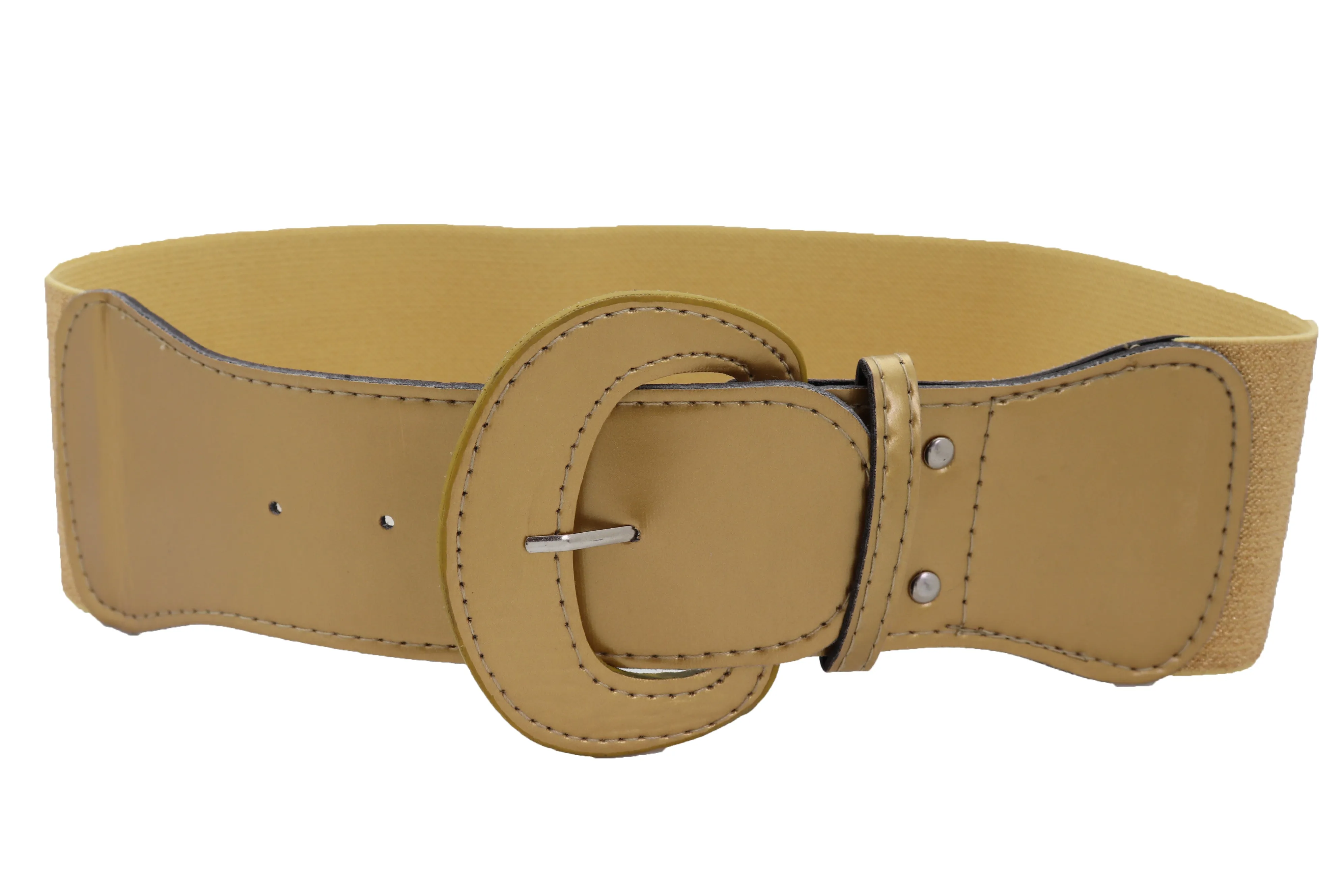 Women High Waist Hip Wide Elastic Gold Color Fashion Belt Big Buckle Adjustable Band Fits Size S M