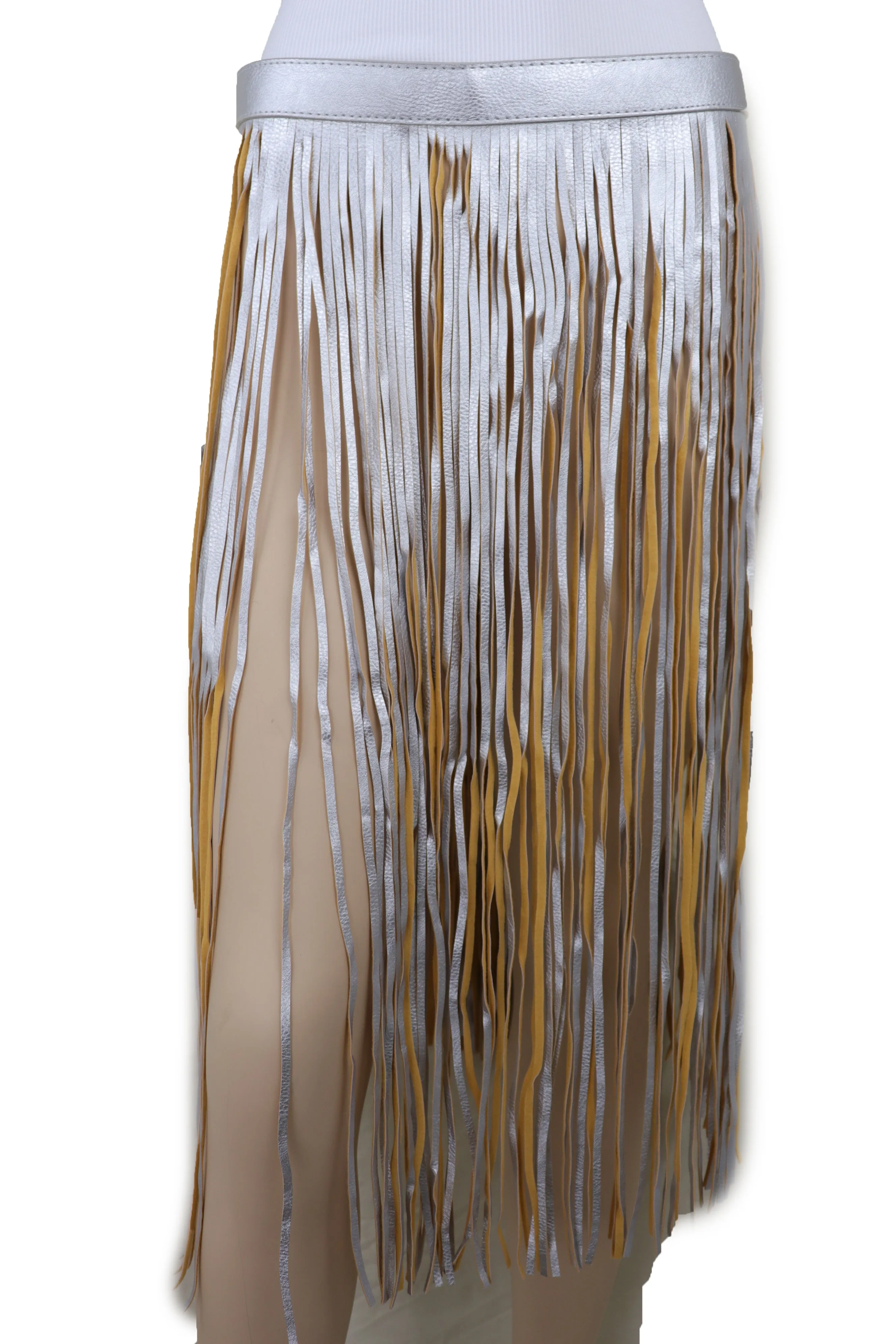 Women Silver Beige Long Skirt Faux Leather Wrap Around Fashion Belt Fit Size S M