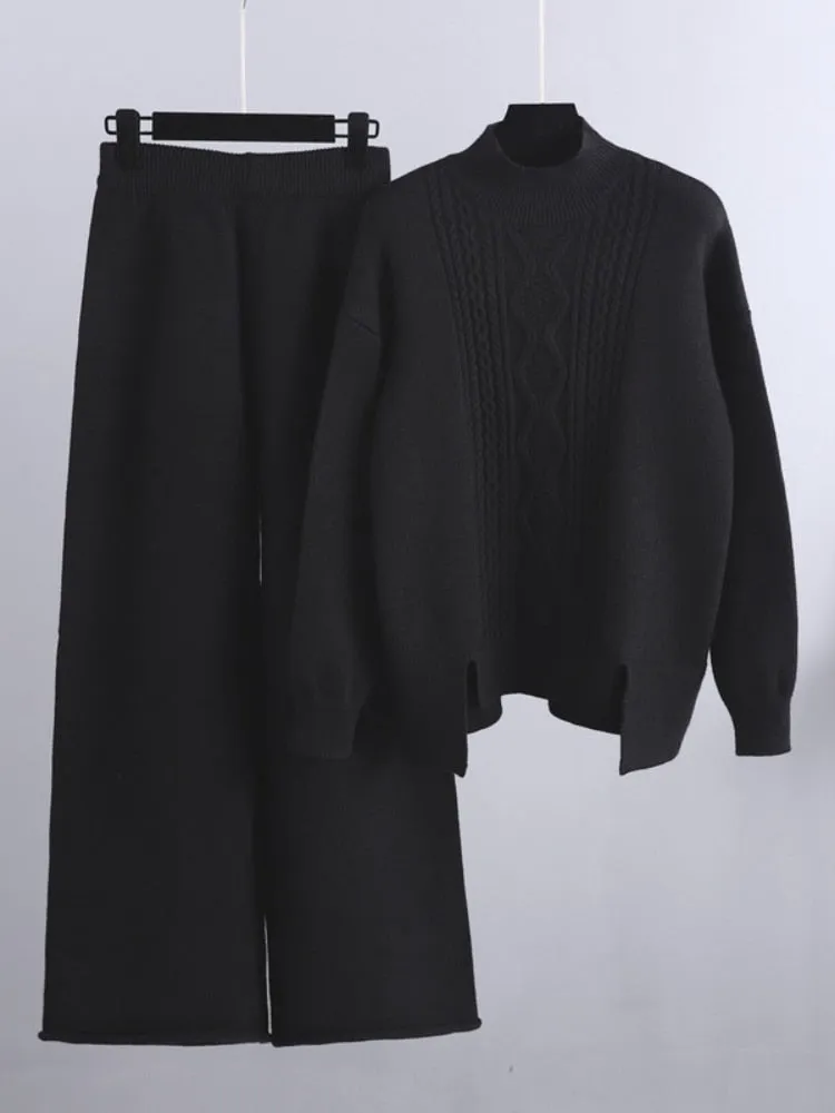 Women's 2 Piece Sets Loose Knitted Suit High Collar Sweater   Wide Leg Pants Knit